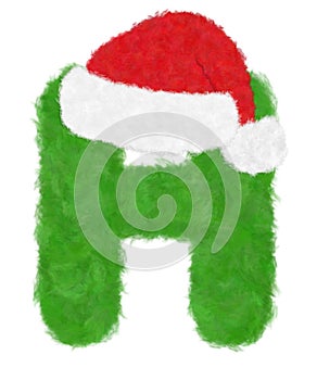 3D Ã¢â¬ÅGreen wool fur feather letterÃ¢â¬Â creative decorative with Red Christmas hat, Character H isolated in white background